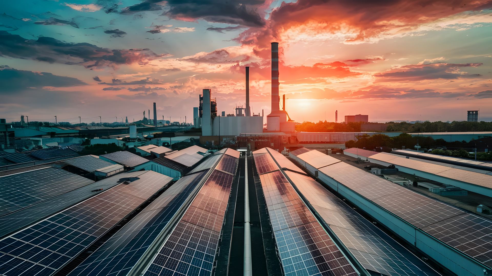 Solaranlagen auf Fabrikdächern bei Sonnenuntergang