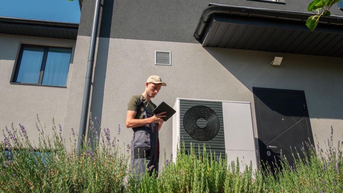 Techniker prüft Wärmepumpe am modernen Wohnhaus