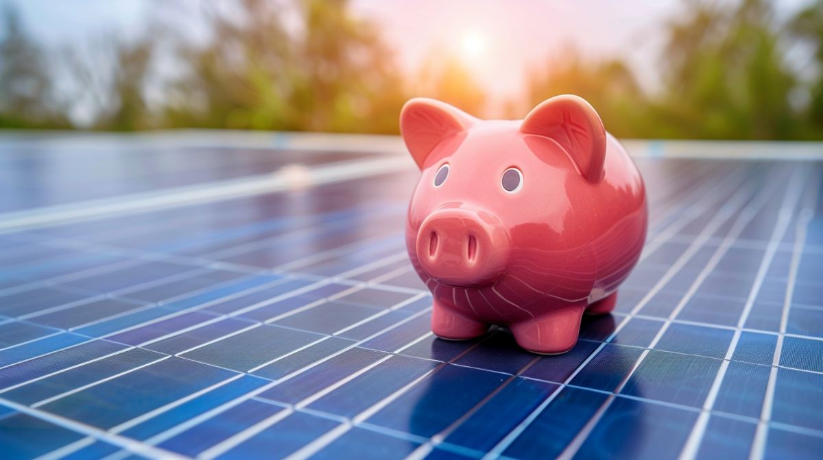 Sparschwein auf Solarpanelen im Sonnenlicht