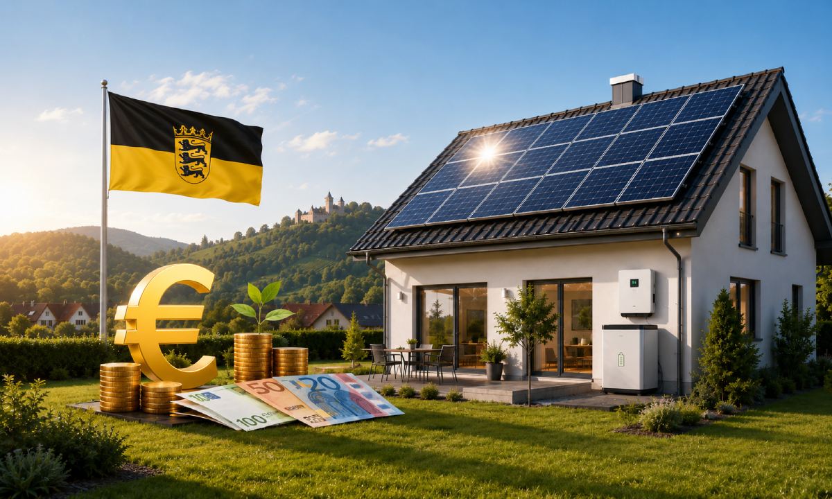 Haus mit Solaranlage, Euro-Symbol und Baden-Württemberg-Flagge