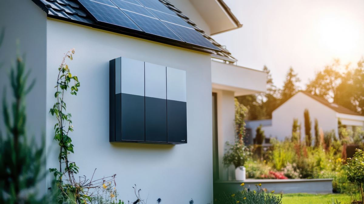 Haus mit Solaranlage und Batteriespeicher außen